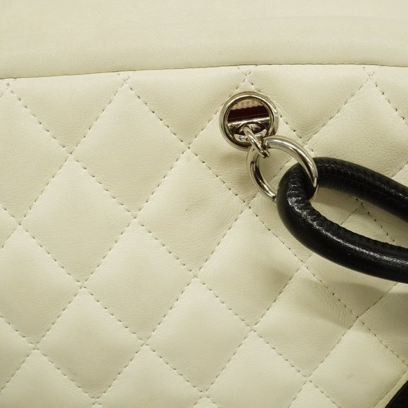 Auth Chanel Shoulder Bag Cambon Line Bowling Bag Lambskin White/Black Silver ... - Picture 6 of 10